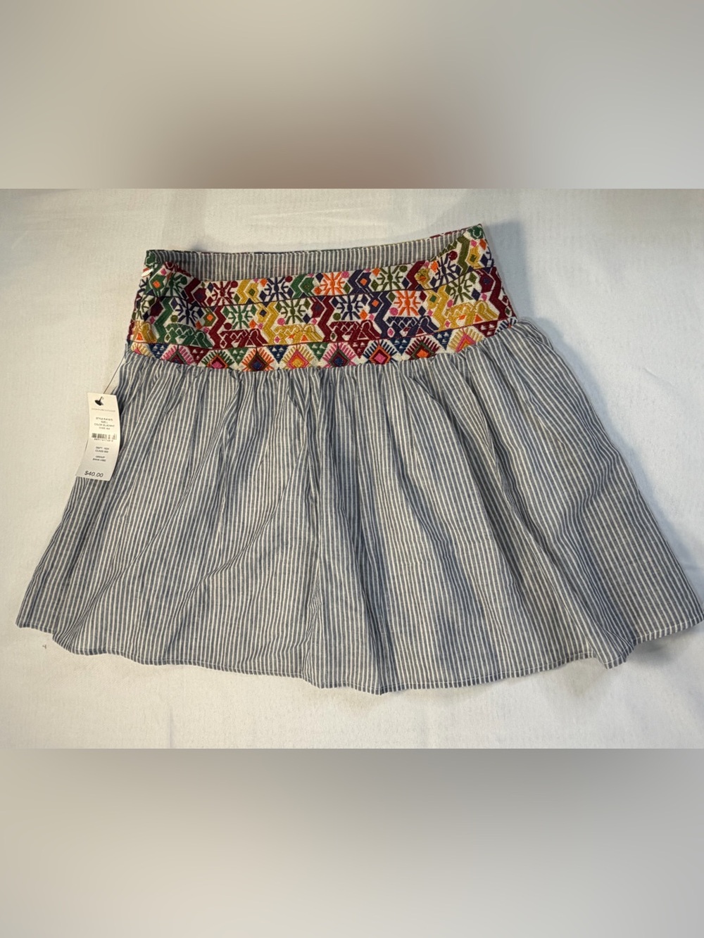 SIGNATURE STUDIO Embroidered Waist Mini Skirt Sz L Pin Stripe Boho Vibe Lined